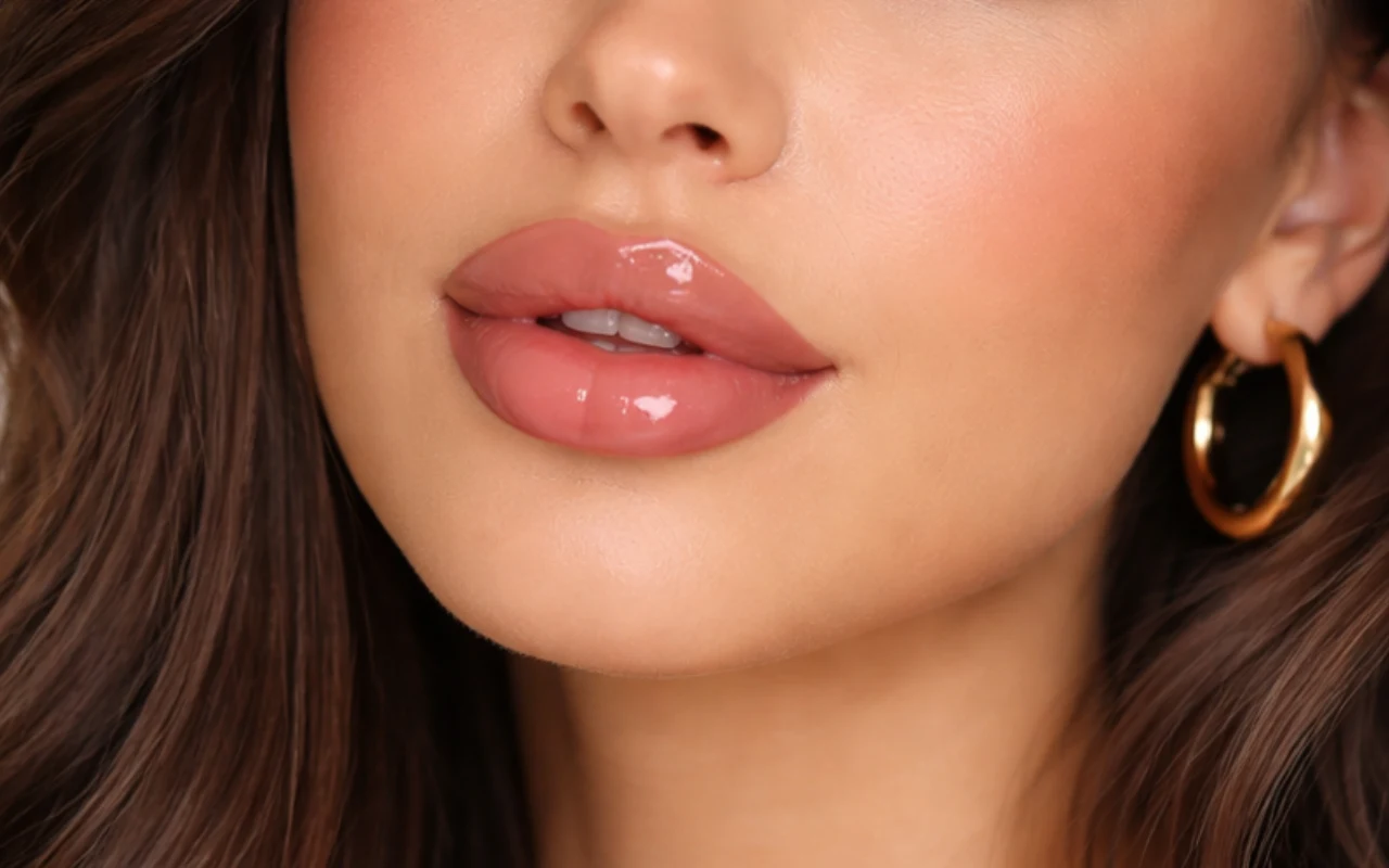 Halo lips pełne usta pokryte błyszczykiem w odcieniu nude, gładka cera oraz złote kolczyki w kształcie kół