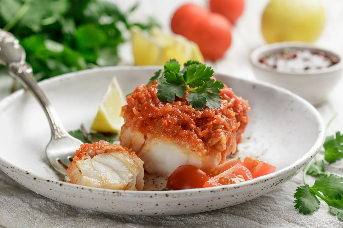 kawałek białej ryby zapieczonej pod warstwą sosu pomidorowego z cebulą, udekorowany świeżą kolendrą, podany z kawałkami pomidora i cytryny na białym talerzu