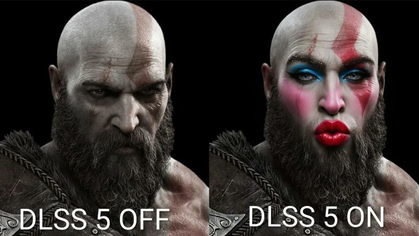 Porównanie portretów brodatego mężczyzny w zbroi: po lewej DLSS 5 OFF, po prawej DLSS 5 ON z makijażem.