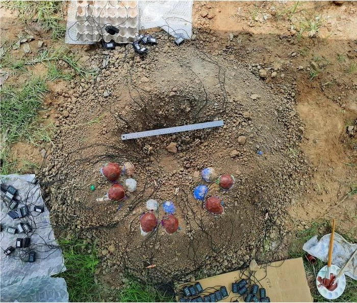 Badacze zbudowali gniazdo owiraptora. kopiec ziemi z dużym wgłębieniem pośrodku, wokół którego rozmieszczono kilka kulistych przedmiotów w czerwono-niebieskich kolorach, liczne przewody wychodzące ze środka i prowadzące do urządzeń elektronicznych rozmieszczonych na ziemi; całość otoczona ...