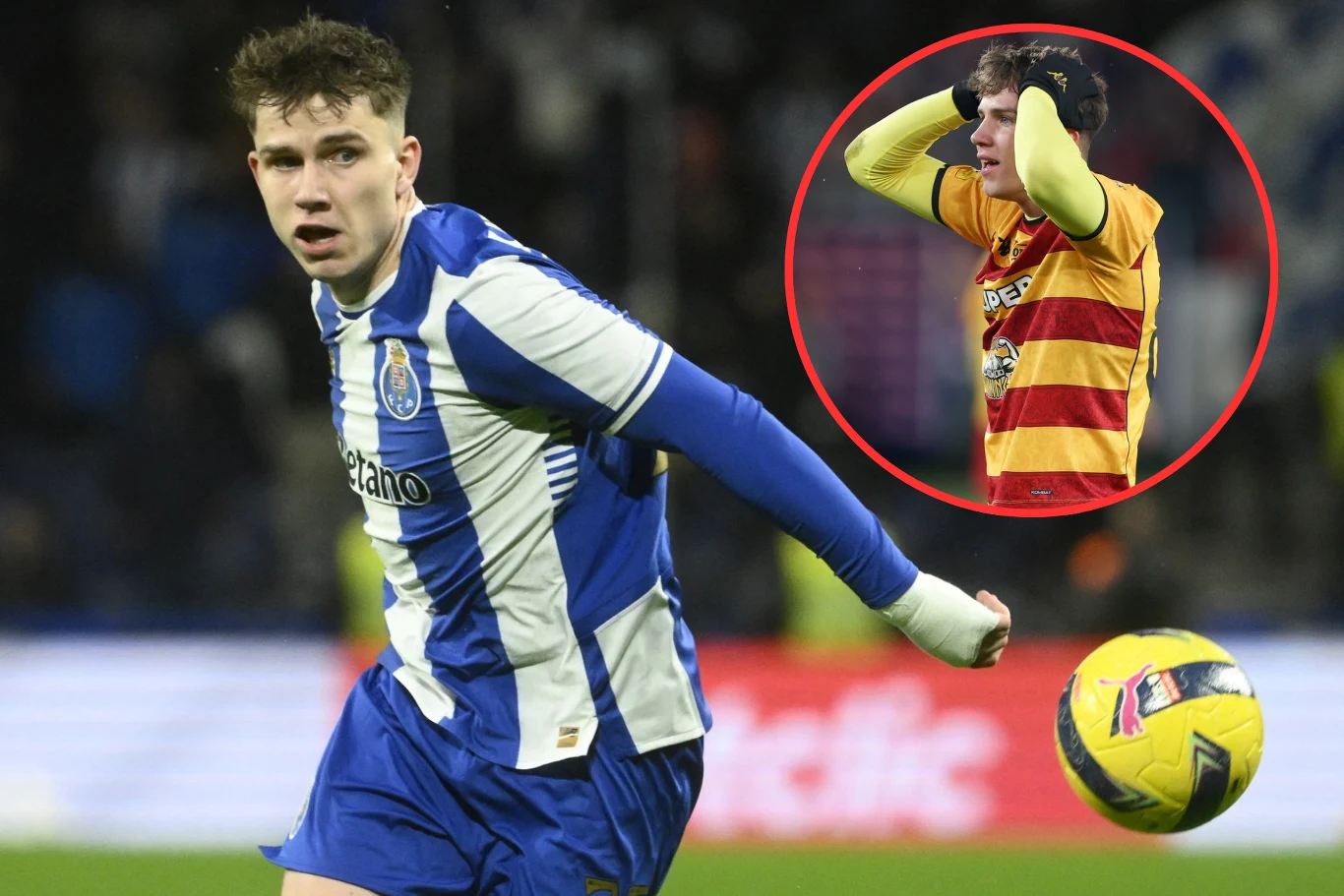 piłkarz w błękitno-białym stroju Porto biegnie z piłką na boisku, a w prawym górnym rogu umieszczono okrągłe zbliżenie na innego zawodnika w żółto-czerwonej koszulce, trzymającego ręce na głowie w geście rozczarowania