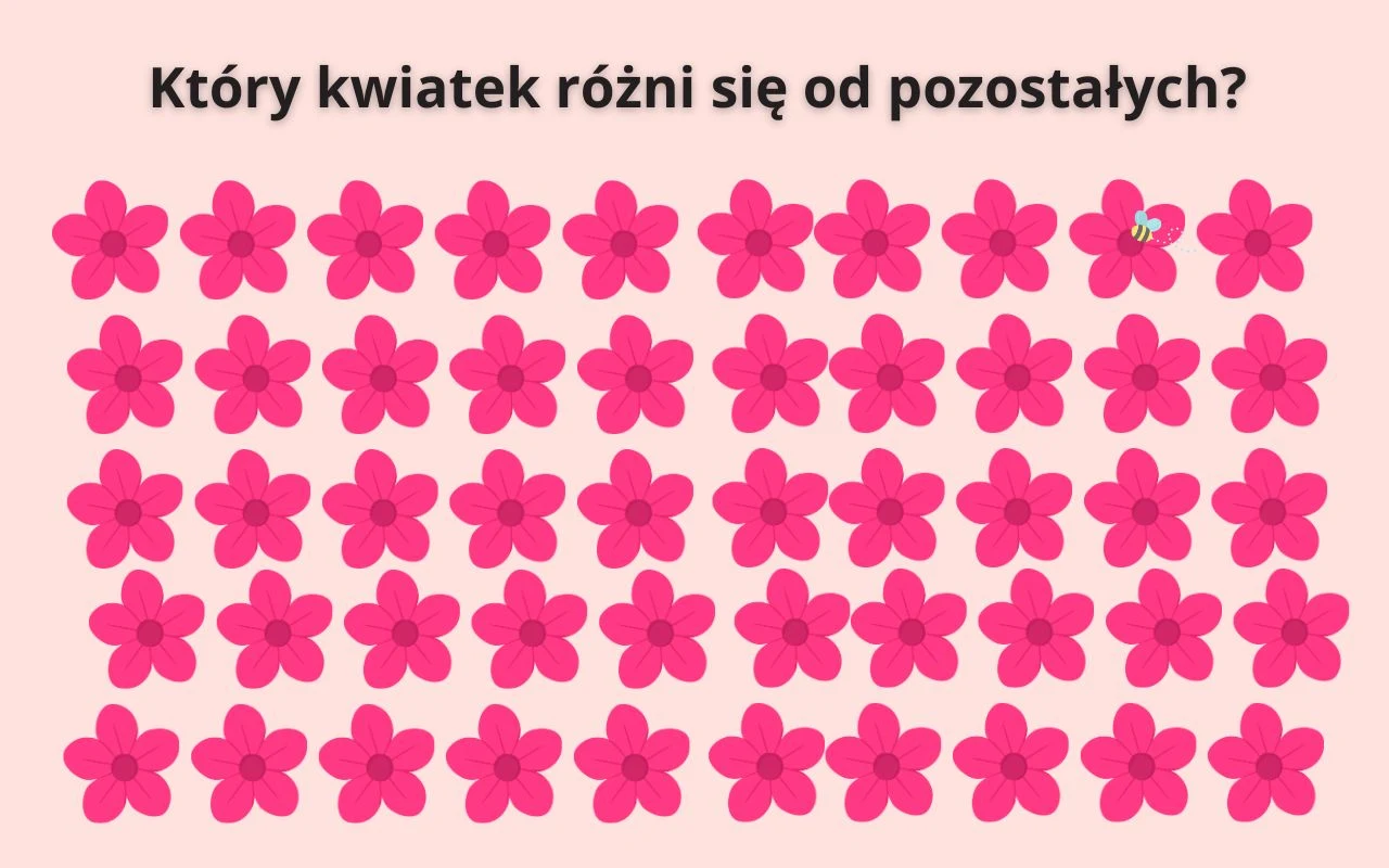 Rzędy identycznych różowych kwiatków na jasnoróżowym tle, pomiędzy którymi w czwartym rzędzie, trzecim kwiatku od prawej, znajduje się niewielki zielony robak.