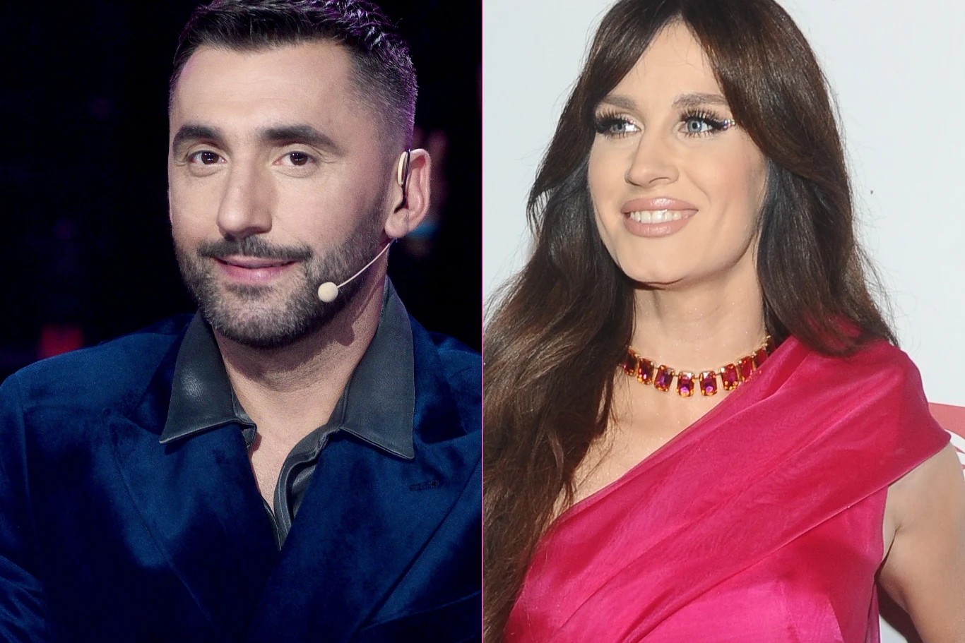 Rafał Maserak, Sylwia Grzeszczak Rafał Maserak w granatowej marynarce z mikrofonem na uchu obok Sylwii Grzeszczak w różowej sukni i naszyjniku.