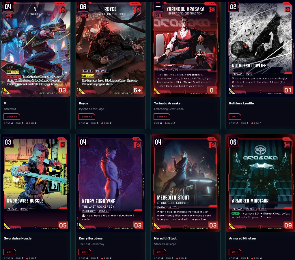 Kolekcja dziewięciu kart postaci ze świata cyberpunk, każda z dynamiczną ilustracją bohatera lub maszyny, wyraźnymi nazwami, statystykami oraz kodami na dolnej krawędzi każdej karty; dominują motywy futurystyczne, broń, neonowe kolory oraz silny kontra...
