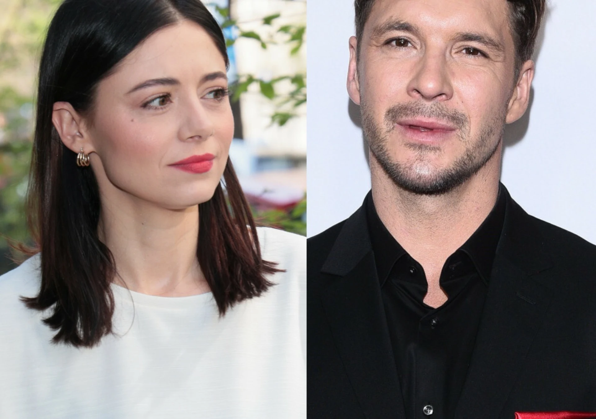 Adriana Kalska w białej bluzce i Mikołaj Roznerski w czarnym garniturze.