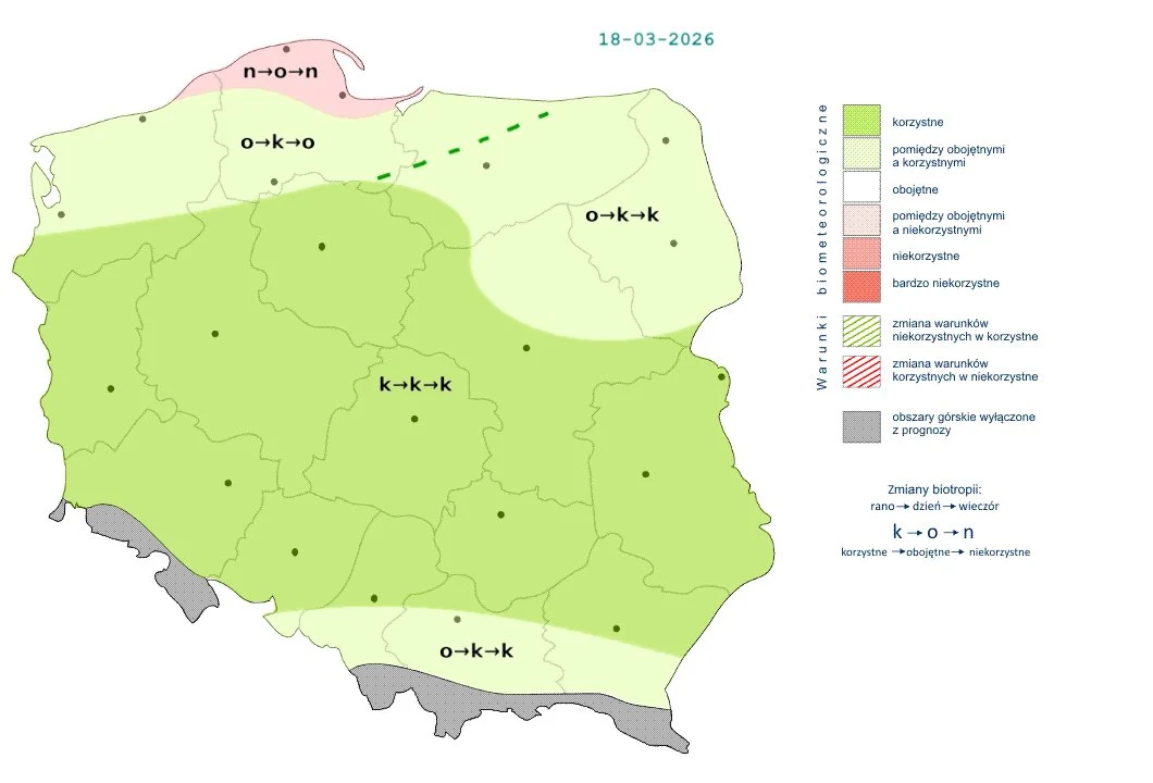 mapa Polski z naniesionymi strefami fenologicznymi w różnych odcieniach zieleni i różu, oznaczającymi stopień zaawansowania wegetacji roślin; symbole literowe wskazują aktualną fazę rozwoju roślin, a legenda po prawej stronie tłumaczy użyte kolory i sk...