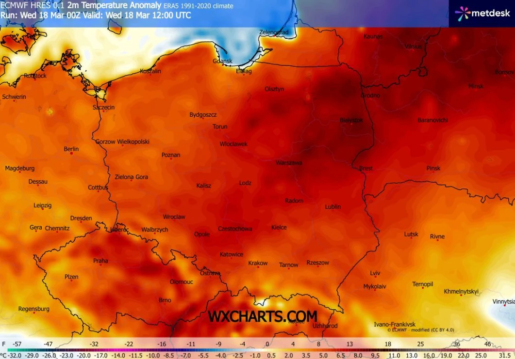 Mapa Polski ukazująca silną anomalię temperatury powietrza na poziomie 2 metrów, z przewagą czerwonych odcieni wskazujących na znacznie wyższe od normy wartości w całym kraju; szczególnie rozgrzane obszary centralnej i południowej Polski, minimalne odc...