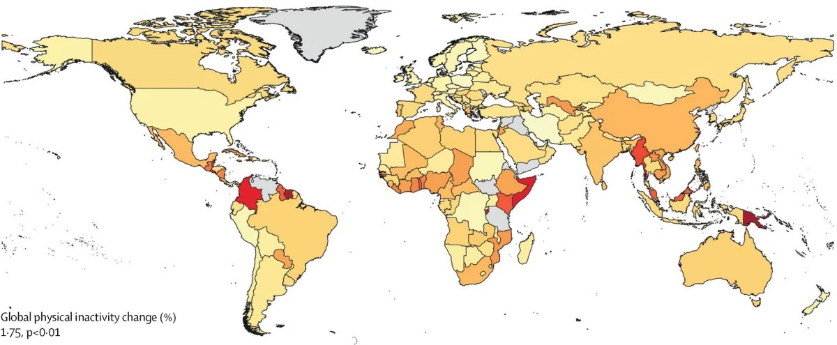 mapa świata z krajami oznaczonymi różnymi odcieniami żółci, pomarańczu i czerwieni, ilustrującymi zmiany poziomu globalnej fizycznej inaktywności; najciemniejsze odcienie występują w Kolumbii, Nepalu, Kenii, Kambodży, Wietnamie i Papui-Nowej Gwinei, a ...