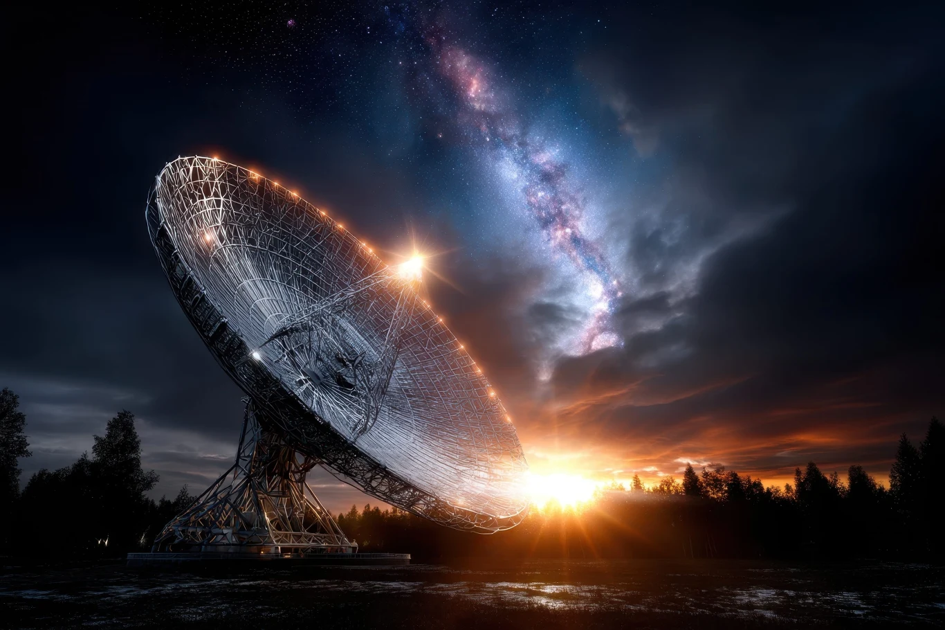 Kosmiczny sygnał, który nie powinien istnieć? Astronomowie zaskoczeni nowym odkryciem Radioteleskop z dużą anteną skierowaną na nocne niebo z Drogą Mleczną i zachodzącym słońcem na horyzoncie.