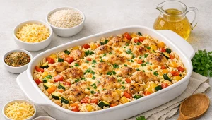 Zapiekany ryż z kurczakiem i warzywami