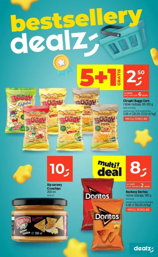 Sześć rodzajów chrupek Buggy Corn w różnych smakach, oferta 5+1 gratis, obok nachosy Doritos w trzech wersjach smakowych oraz dip serowy, wszystkie produkty z wyraźnie oznaczonymi cenami i sekcjami promocyjnymi na kolorowym tle.