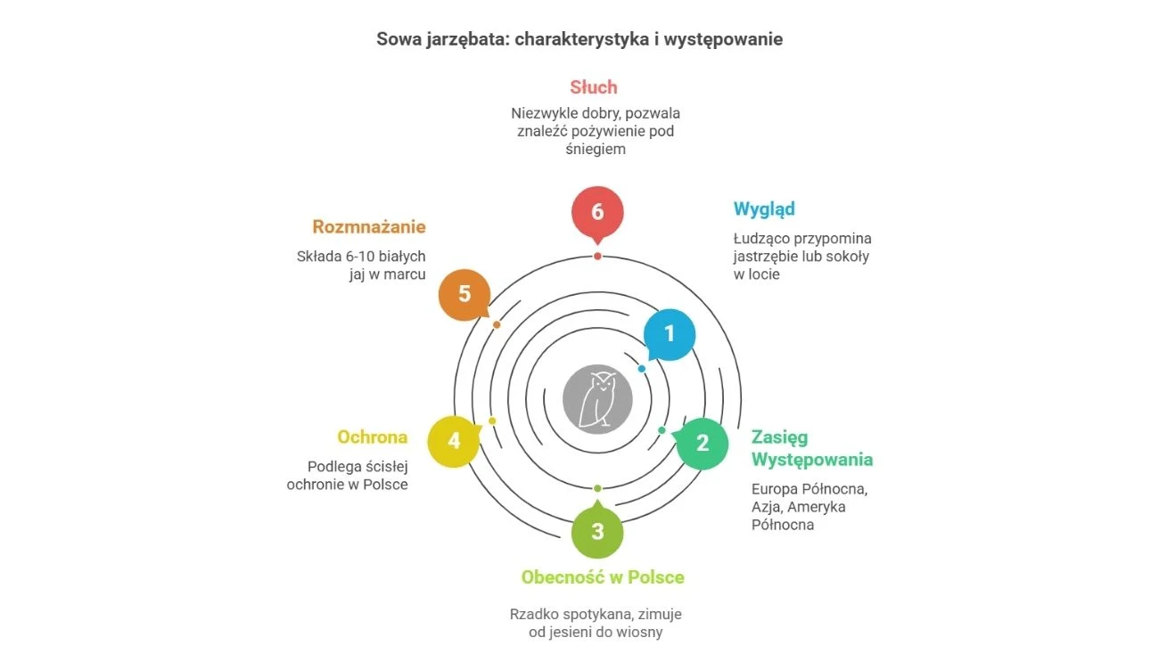Infografika przedstawiająca cechy sowy jarzębatej w formie kołowego diagramu, z głównymi aspektami takimi jak bardzo dobry słuch, wygląd przypominający jastrzębia, występowanie w Eurazji i Ameryce Północnej, rzadkość spotkań w Polsce, jajka składane w ...