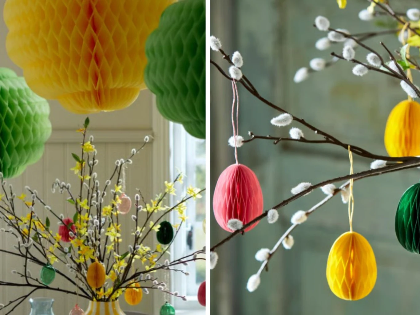 gałązki udekorowane papierowymi ozdobami wielkanocnymi w formie jajek w kolorach żółtym, różowym i zielonym, w towarzystwie bazi oraz sztucznych lub naturalnych kwiatów, z dużymi, żółtymi dekoracjami wiszącymi u góry