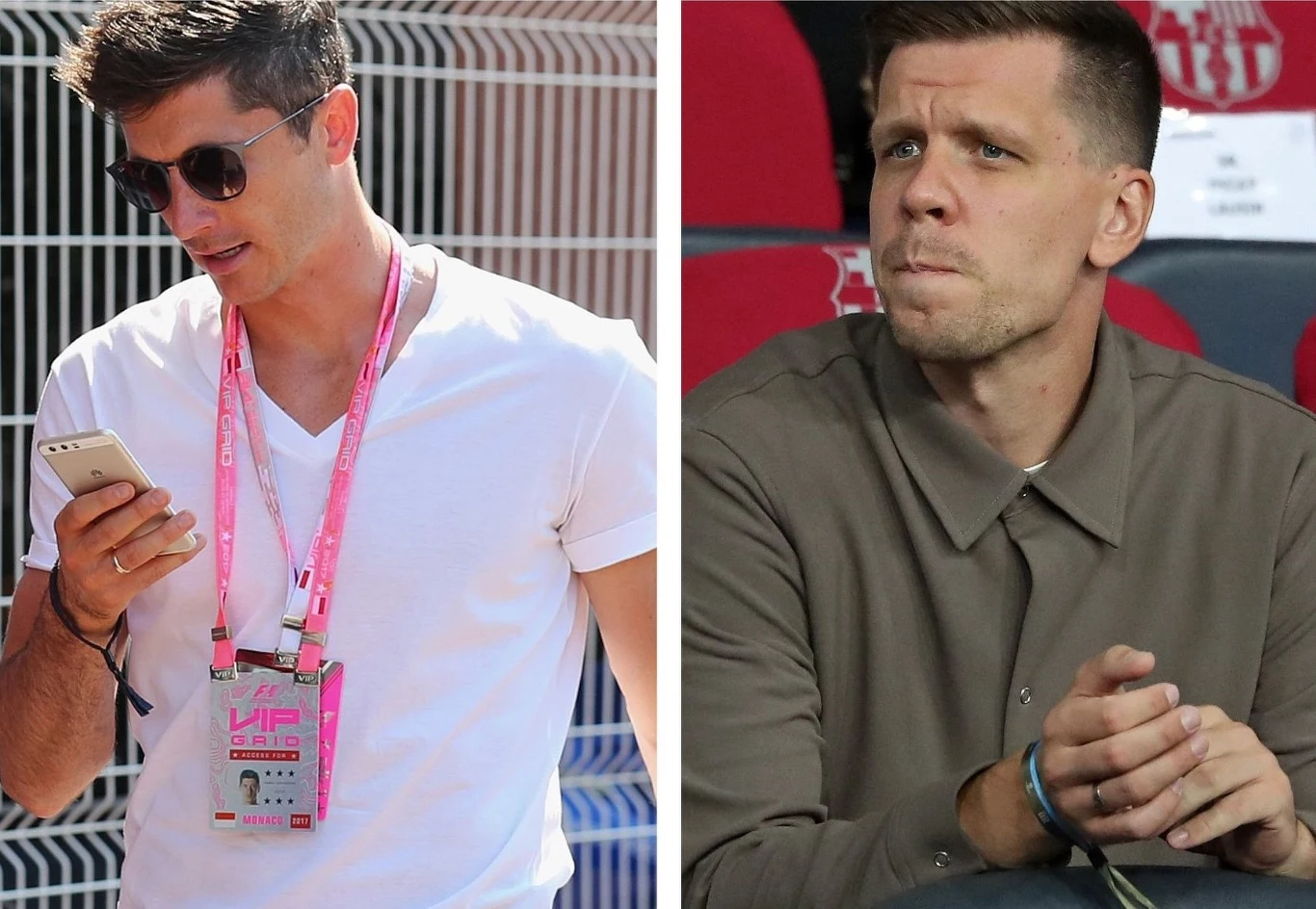 Mężczyzna w białej koszulce i okularach przegląda telefon z zawieszonym na szyi identyfikatorem VIP, obok drugi mężczyzna w beżowej koszuli patrzy przed siebie z poważnym wyrazem twarzy, opierając ręce o siebie.