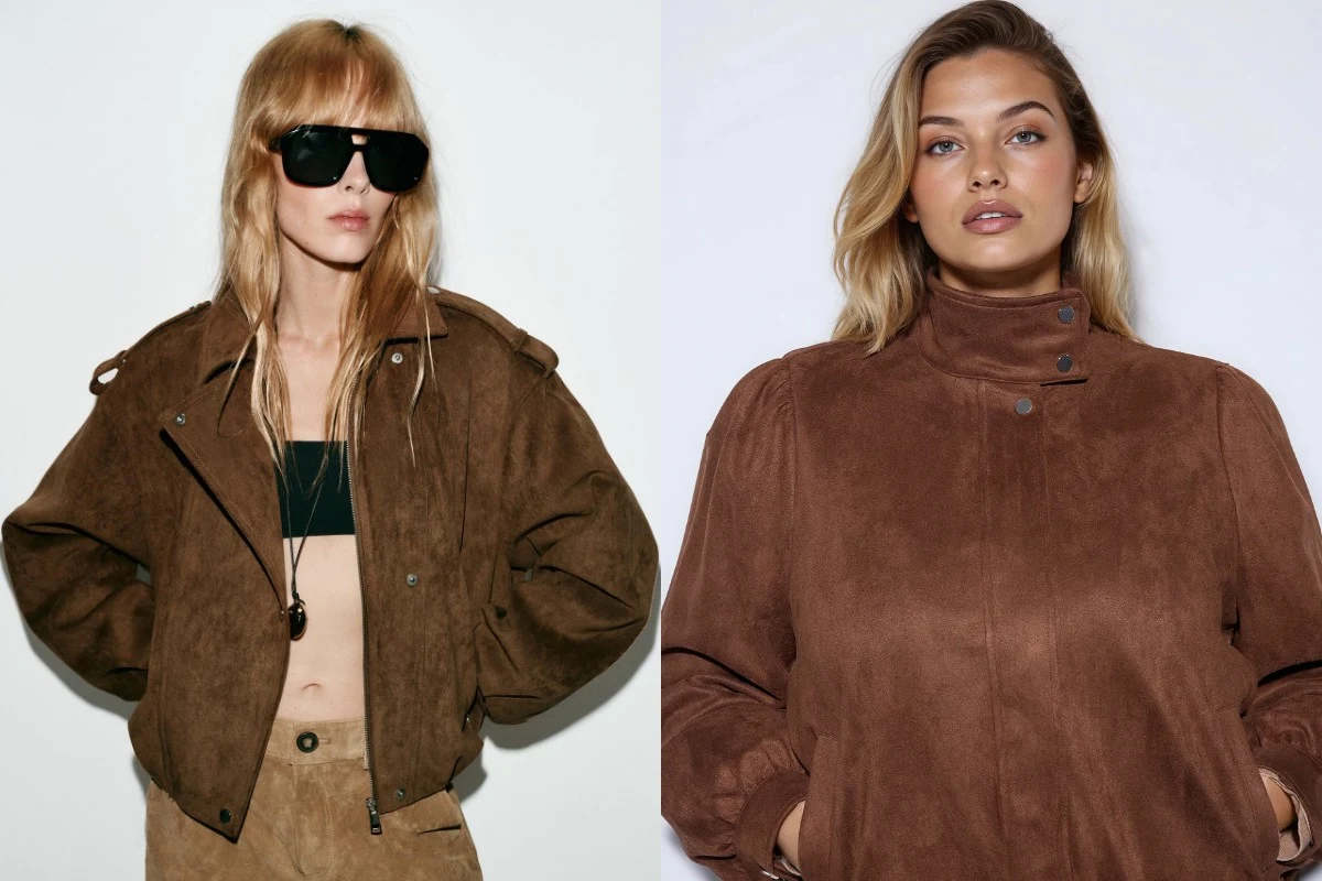 Dwie kobiety ubrane w brązowe, zamszowe kurtki; pierwsza ma rozpuszczone włosy, nosi ciemne okulary przeciwsłoneczne i czarny top, druga ma jasne włosy, uniesiony kołnierz kurtki i delikatny makijaż.