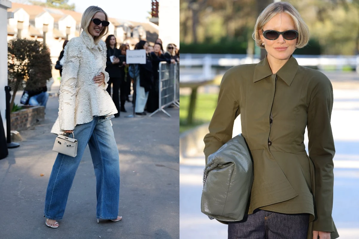 Kobieta z blond włosami nosi modne stylizacje składające się z okularów przeciwsłonecznych, eleganckiej taliowanej marynarki oraz szerokich spodni; w pierwszym stroju trzyma jasną torebkę i nosi białą marynarkę z teksturą, w drugim prezentuje oliwkową ...