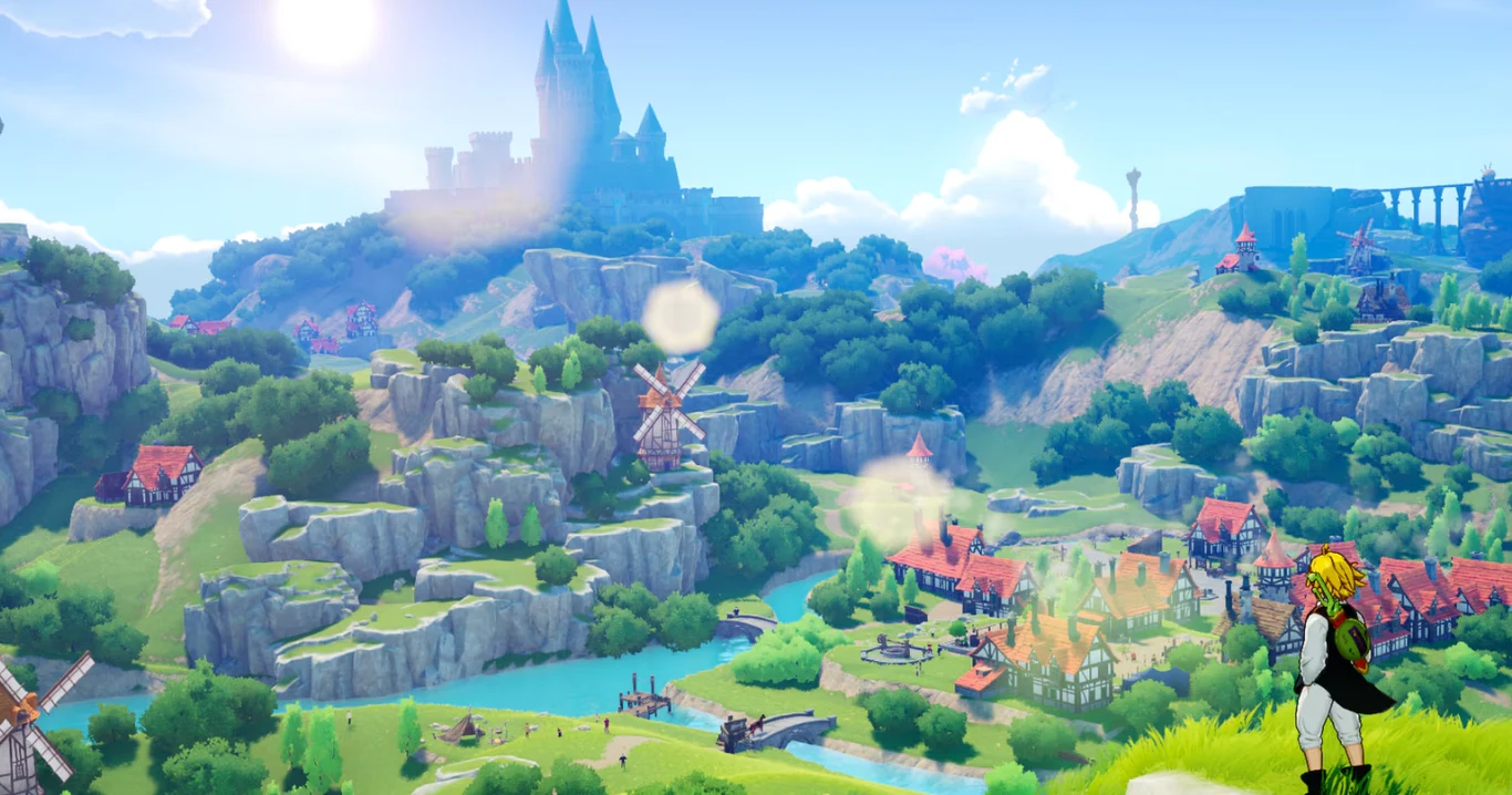 Kolorowy krajobraz fantasy z zamkiem na wzgórzu, trzema wiatrakami, rzeką płynącą przez dolinę i rozległą wioską z czerwonymi dachami; na pierwszym planie postać ubrana w biało-czarny strój z żółtymi włosami spogląda na panoramę.
