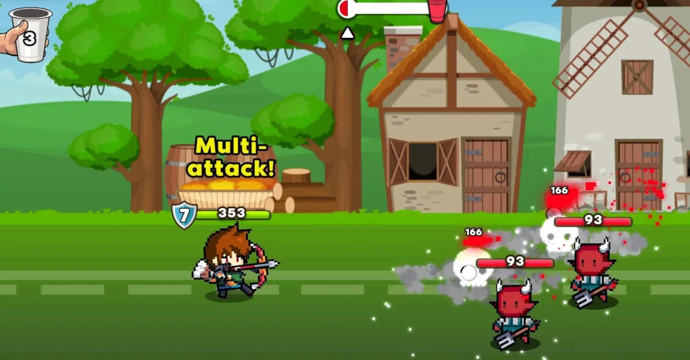postać z brązowymi włosami i łukiem atakuje grupę trzech czerwonych potworków, z których każdy ma pasek zdrowia i licznik punktów życia nad głową, w tle widoczne drzewa oraz budynki w kreskówkowym stylu
