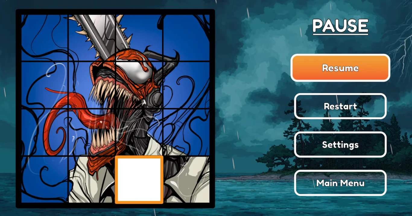 rozszalały potwór o ostrych zębach, długim czerwonym języku i głowie z mechaniczną piłą zamiast twarzy, ułożony jako obrazek w grze typu puzzle, obok widoczne menu z przyciskami do wznowienia, restartowania gry i ustawień