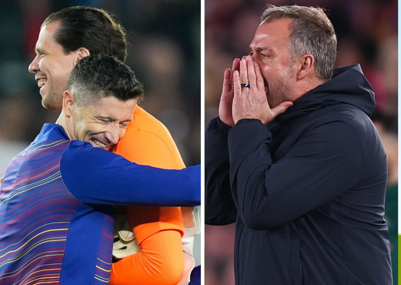 Z lewej Robert Lewandowski z Wojciechem Szczęsnym po zwycięstwie, z prawej trener Hansi Flick w granatowej kurtce.