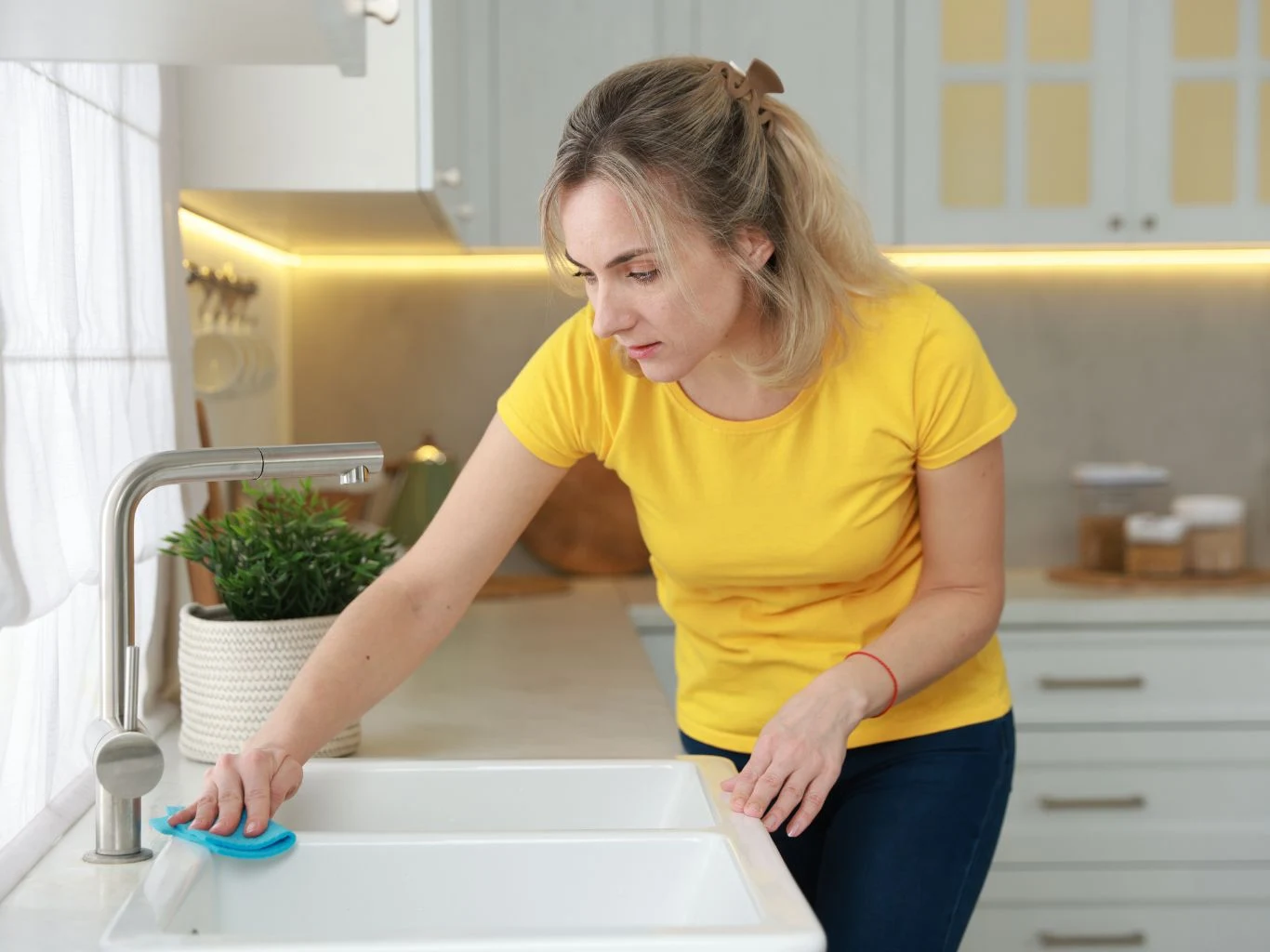 kobieta w żółtej koszulce czyści zlew kuchenny gąbką, obok zlewu stoi doniczka z zieloną rośliną