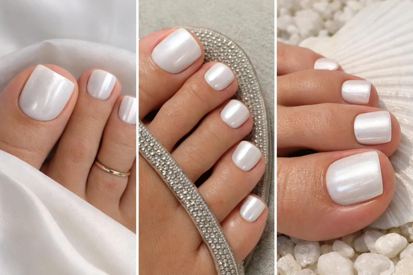 Białe, zadbane paznokcie u stóp z efektem perłowego połysku, na jednej z fotografii dodatkowo ozdobione delikatnym sandałem z cyrkoniami, całość utrzymana w eleganckim i minimalistycznym stylu.