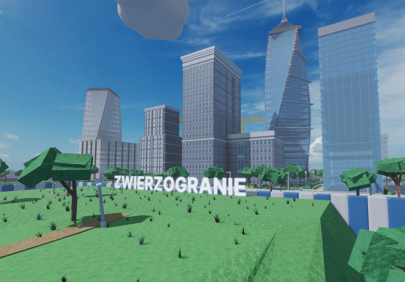 nowoczesne, wysokie wieżowce o szklanych fasadach otoczone zielonym terenem z drzewami o geometrycznych kształtach; na pierwszym planie widoczny biały napis ZWIERZOGRANIE