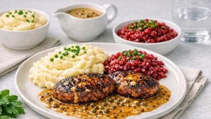 Klasyczny rumsztyk wołowy z aksamitnym puree, sosem pieprzowym i buraczkami