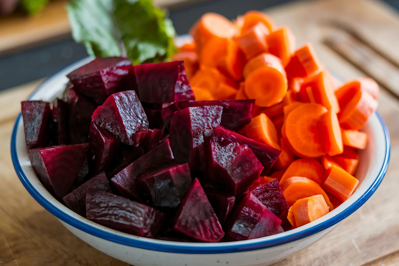 Jedzenie buraka zapewni oczyszczenie organizmu i doda energii Pokrojone w kostkę buraki i plasterki marchewki ułożone w białej misce na drewnianej desce.