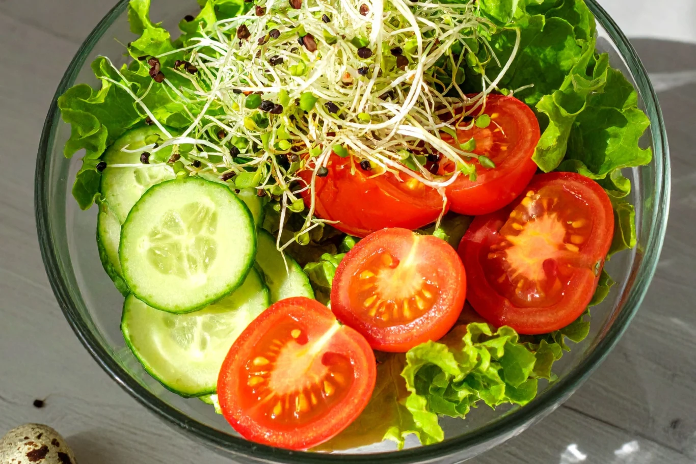Czy można łączyć ogórka z pomidorem? Świeża sałatka z liści sałaty, plasterków ogórka, pomidorów koktajlowych i kiełków w szklanej misce.