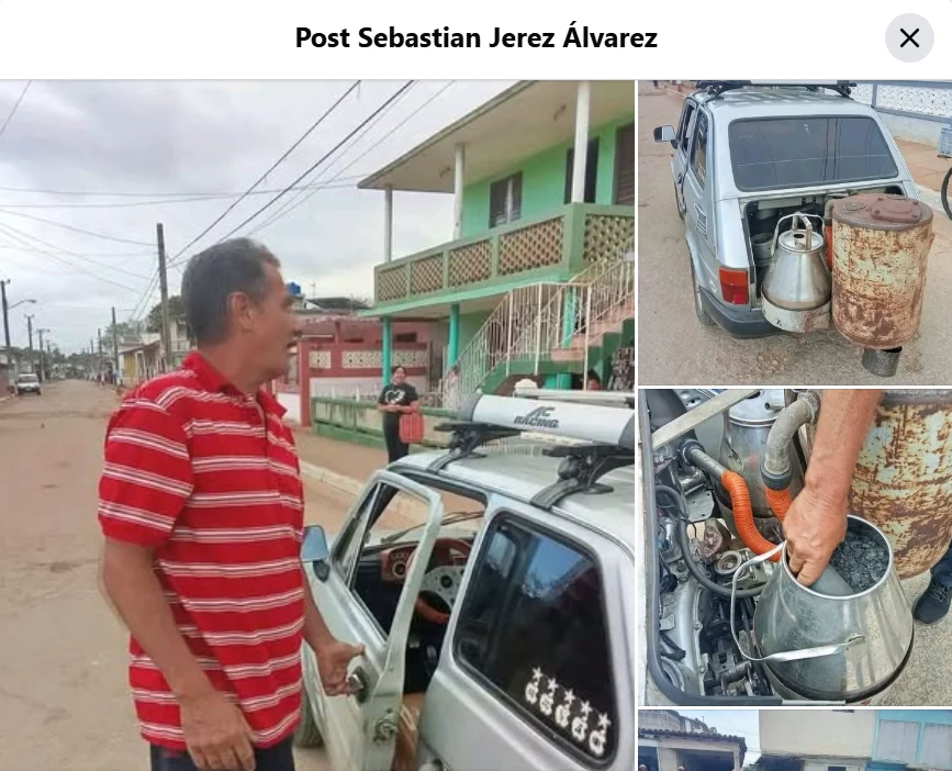 Mężczyzna w czerwonej, pasiastiej koszulce stoi obok białego samochodu typu kombi, który ma na tylnym bagażniku zamontowany spory metalowy zbiornik i kanister; na zbliżeniach widać, jak ręka nalewa paliwo z kanki do zbiornika przez pomarańczowy wąż, co...