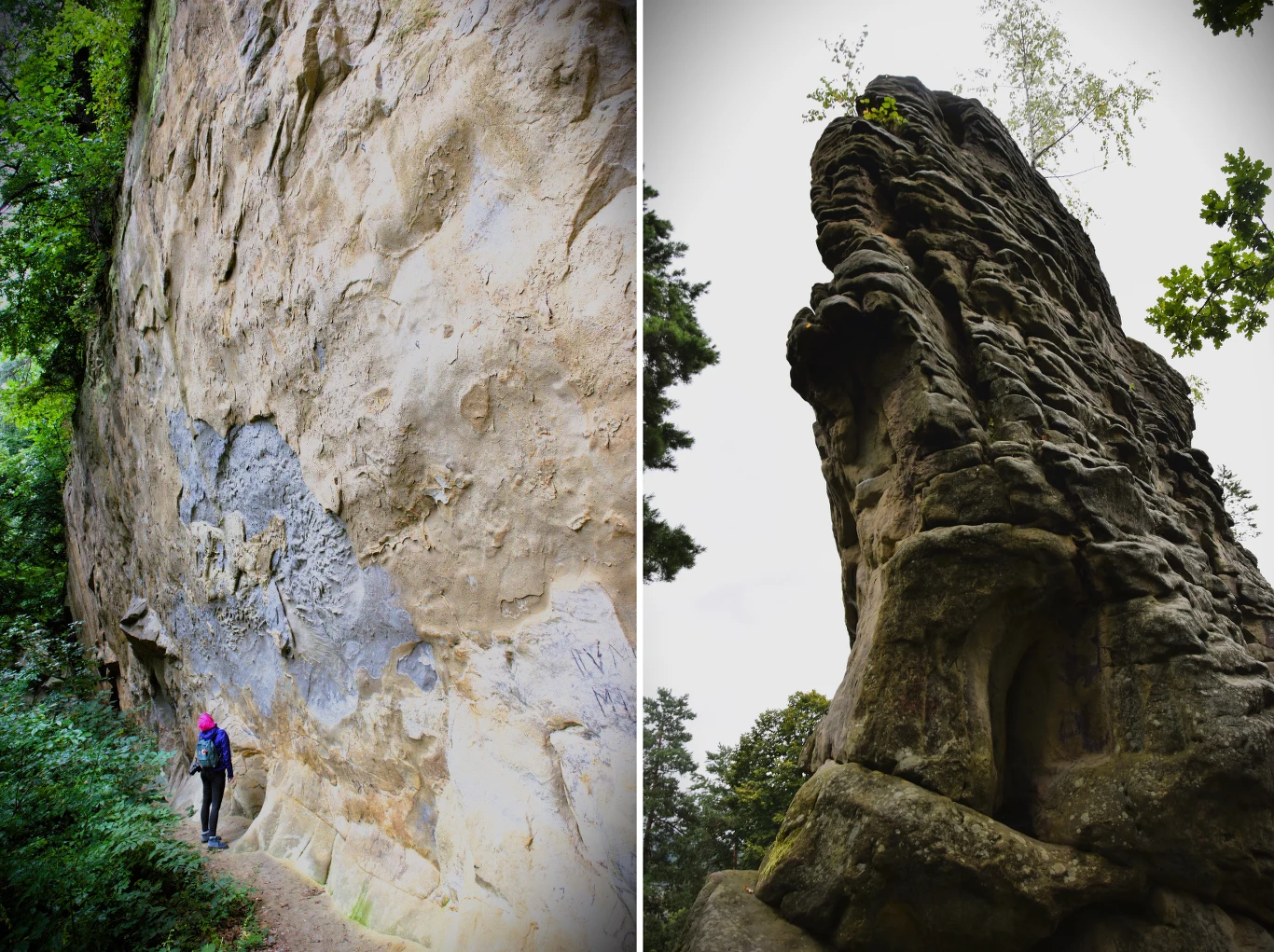 Formacja ulegała przemianom w wyniku erozji i działalności człowieka. Kontrastuje tu naturalna 8-metrowa baszta i wyrobisko kamieniołomu. Wysoka, stroma ściana skalna pokryta naturalnymi żłobieniami po lewej stronie oraz potężna, wystająca formacja skalna o nieregularnych kształtach po prawej stronie, otoczone zielenią drzew; u podstawy ściany skalnej idzie pojedyncza osoba w sportowym u...