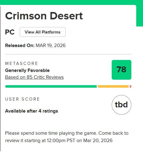 karta gry Crimson Desert na PC z datą premiery 19 marca 2026, oceną Metascore 78 na podstawie 85 recenzji krytyków oraz informacją o dostępności oceny użytkowników po uzyskaniu co najmniej 4 ocen