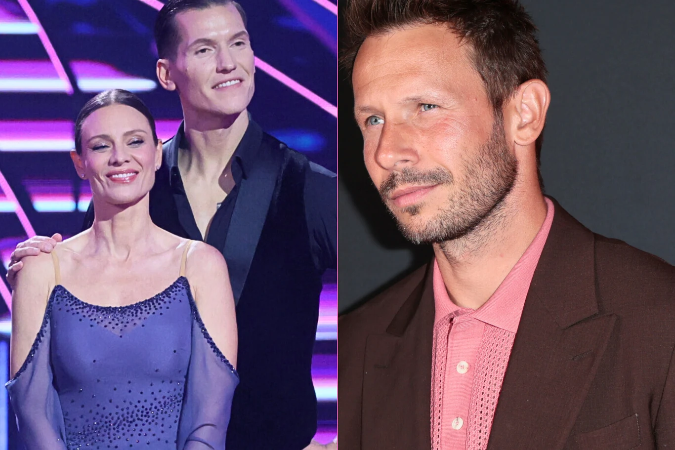 Magdalena Boczarska, Jacek Jeschke i Mateusz Banasiuk Magdalena Boczarska, Jacek Jeschke i Mateusz Banasiuk w strojach tanecznych na tle kolorowych świateł, obok mężczyzna w brązowej marynarce.