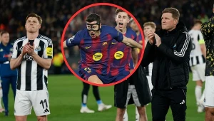 Robert Lewandowski po strzeleniu gola w meczu FC Barcelona - Newcastle