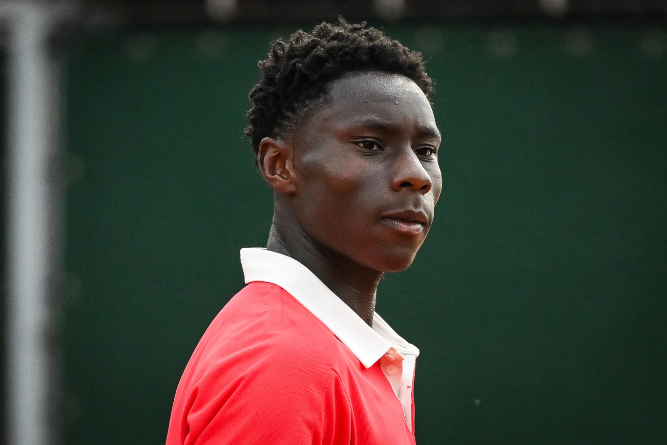 Młody mężczyzna o krótkich, kręconych włosach, ubrany w czerwoną koszulkę polo z białym kołnierzykiem, znajduje się na tle ciemnozielonej powierzchni.