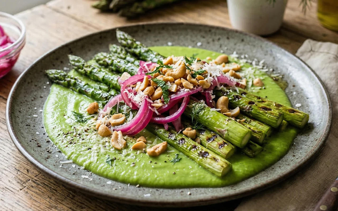Grillowane szparagi z groszkowym velouté i marynowaną cebulą Grillowane zielone szparagi ułożone na kremie z groszku, posypane orzechami, serem, marynowaną cebulą i ziołami.
