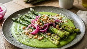 Grillowane szparagi z groszkowym velouté i marynowaną cebulą