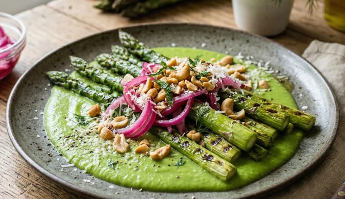 Grillowane szparagi z groszkowym velouté i marynowaną cebulą