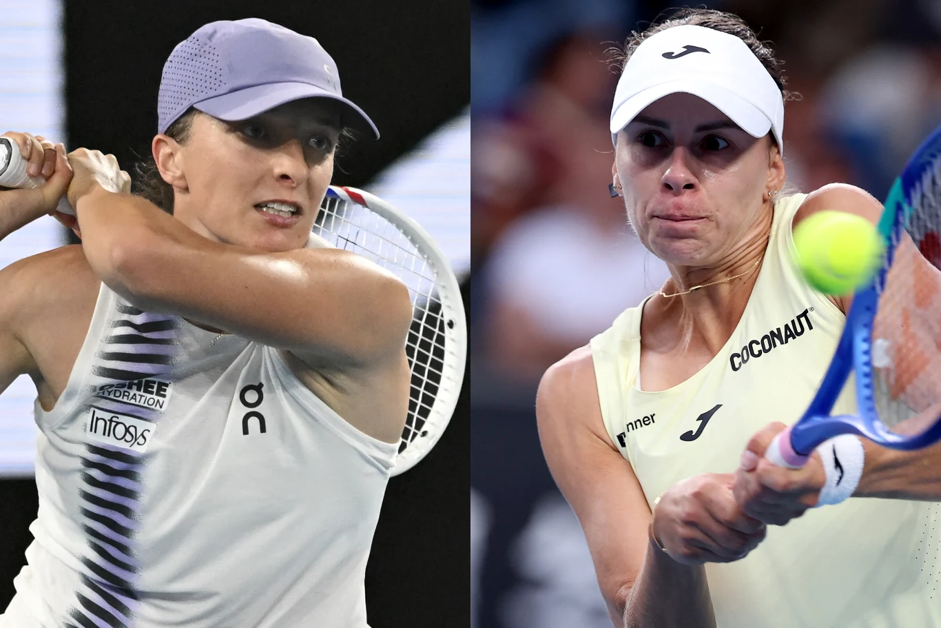 Iga Świątek i Magda Linette walczyły o awans do trzeciej rundy WTA 1000 w Miami Dwie tenisistki w trakcie meczu, każda skoncentrowana na uderzeniu piłki rakietą, ubrane w sportowe stroje i czapki z daszkiem, dynamiczne ujęcia akcji na korcie.