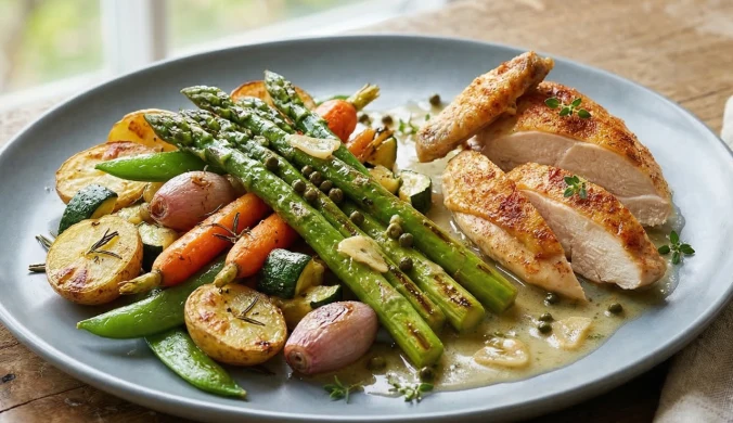 Kurczaka suprême – z pieczonymi warzywami i szparagami z patelni 