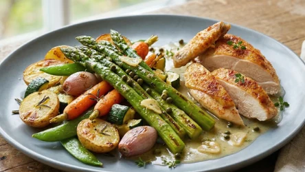 Kurczaka suprême – z pieczonymi warzywami i szparagami z patelni 