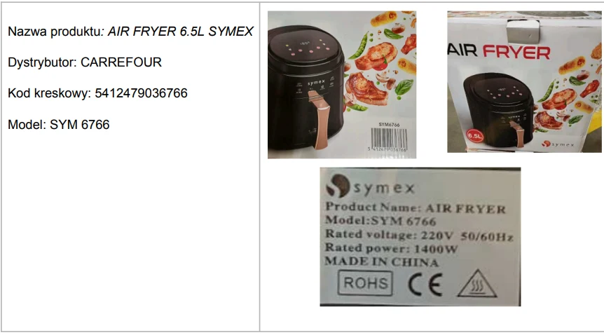 Frytkownica beztłuszczowa Symex o pojemności 6,5 litra, model SYM 6766, z widocznym panelem sterowania dotykowego oraz opakowanie prezentujące potrawy przygotowane w urządzeniu; etykieta informacyjna zawiera dane techniczne i certyfikaty zgodności.