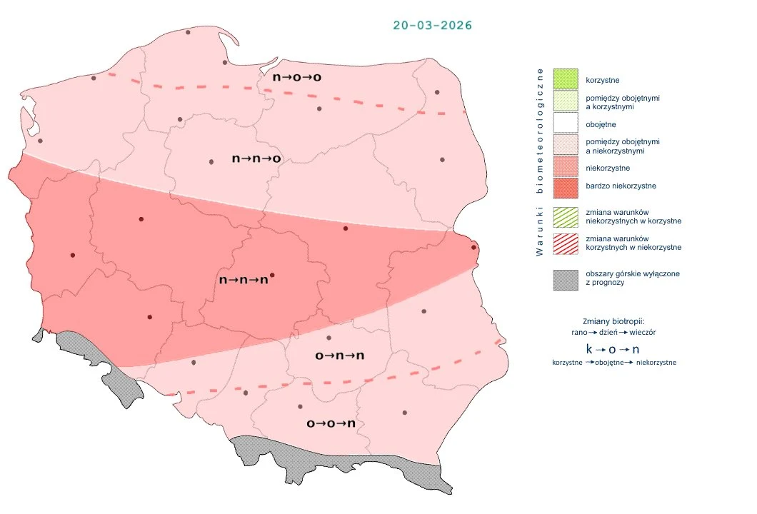 Mapa Polski z zaznaczonymi strefami fenologicznymi na 20 marca 2026 roku, przedstawiająca przebieg granic okresów wegetacji roślin oraz stopień zaawansowania rozwoju przyrody; centralna część kraju wyróżniona ciemniejszym odcieniem czerwieni, linie sym...