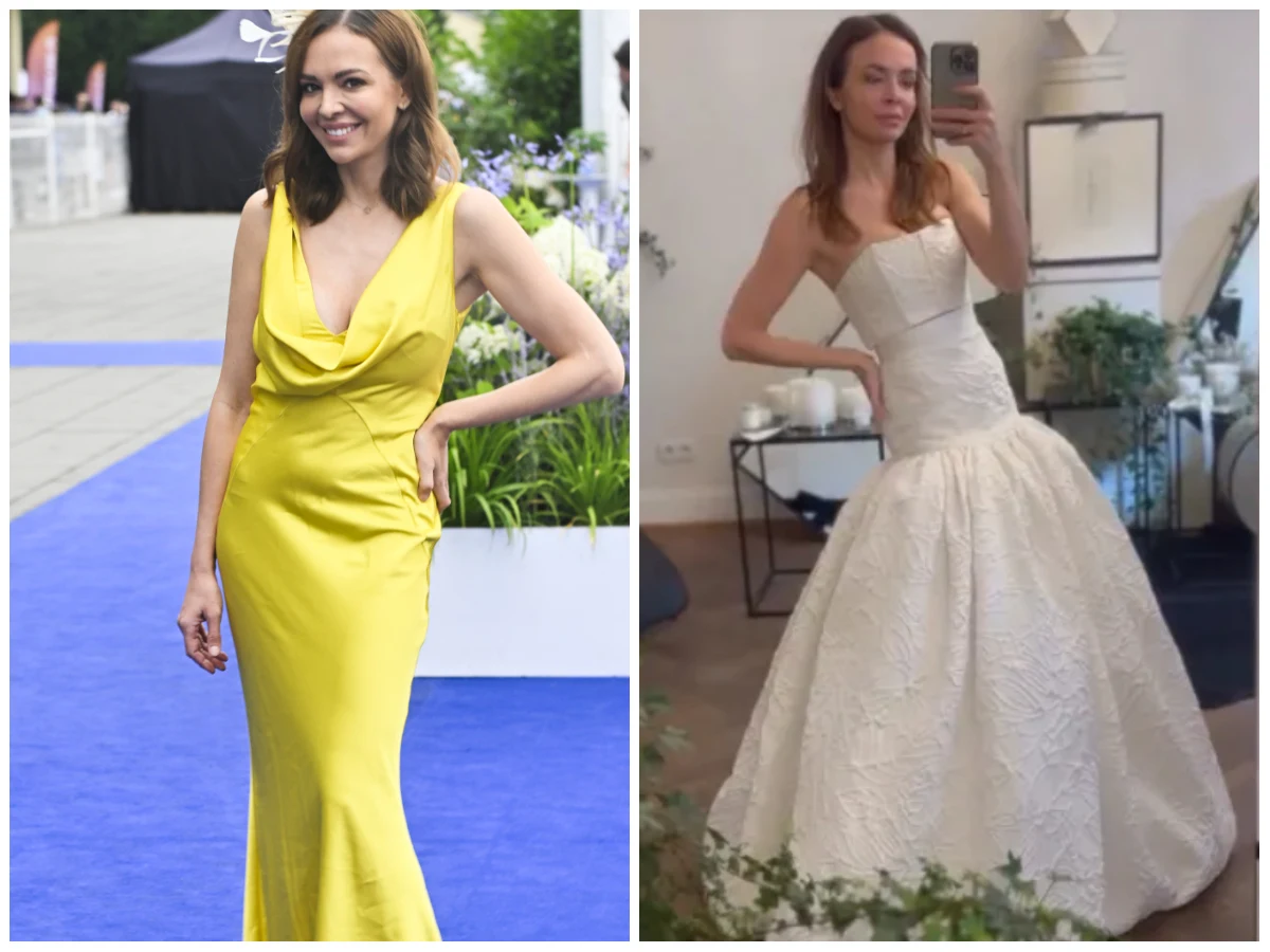Kobieta ubrana w elegancką, żółtą suknię z głębokim dekoltem stoi na zewnątrz, uśmiecha się i trzyma rękę na biodrze; po prawej stronie kobieta przymierza białą, rozkloszowaną suknię ślubną w pomieszczeniu, patrzy w lustro i robi selfie.