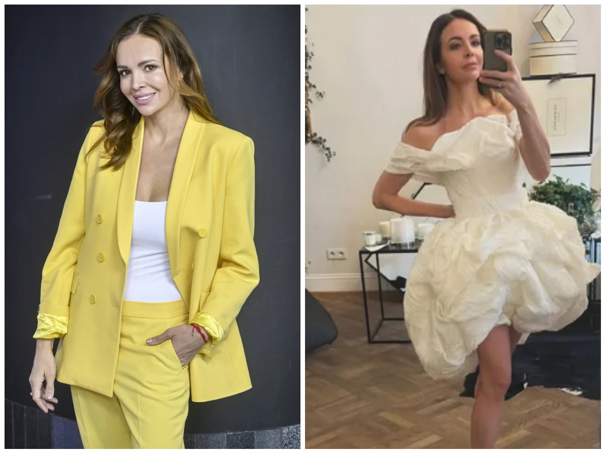 Po lewej kobieta w żółtym garniturze i białym topie pozuje do zdjęcia na tle ciemnej ściany, po prawej ta sama kobieta robi selfie w lustrze, ubrana w krótką, białą, rozkloszowaną sukienkę z odkrytymi ramionami, stojąc w jasnym wnętrzu z drewnianą podł...