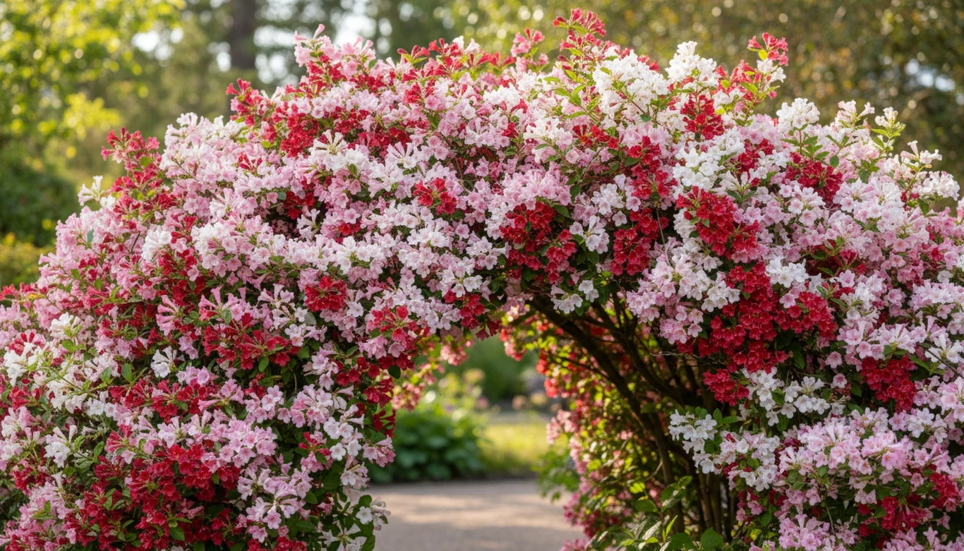 Kwitnąca pergola utworzona z różowo-białych i czerwonych kwiatów, tworzących efektowny łuk w ogrodzie, otoczony zielenią i naturalnym światłem.