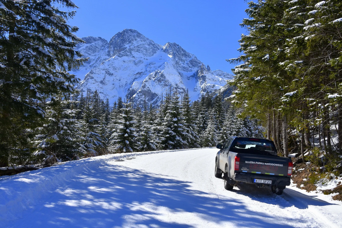 czarny samochód terenowy stojący na ośnieżonej górskiej drodze otoczonej wysokimi świerkami, w tle majestatyczne, pokryte śniegiem szczyty górskie pod bezchmurnym niebem