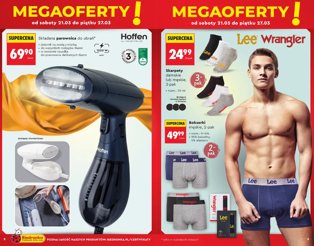 Skomponowany układ promocyjny z parownicą do ubrań marki Hoffen po lewej, ilustrowaną wizualizacją urządzenia na tle żółtej tkaniny oraz szczegółami produktu; po prawej stronie mężczyzna prezentujący bieliznę marek Lee i Wrangler, obok wyeksponowane ze...