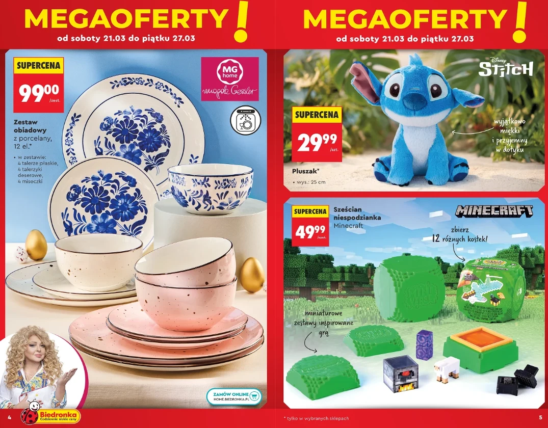 Zestaw zastawy stołowej z niebieskim wzorem kwiatowym na białym tle, różowe filiżanki i talerzyki, pluszowa maskotka Stitch w niebieskich kolorach oraz zestaw klocków z motywem Minecrafta z trzema figurkami i trzynastoma elementami do zbudowania zielon...